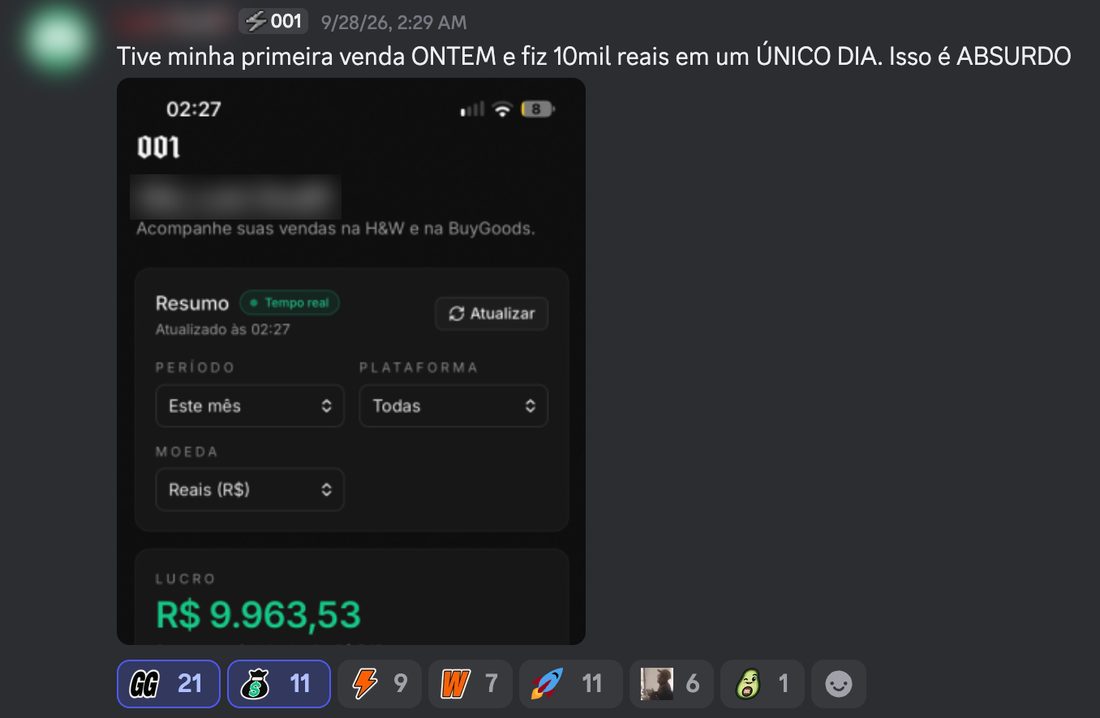 Mensagem real de membro no Discord da 001