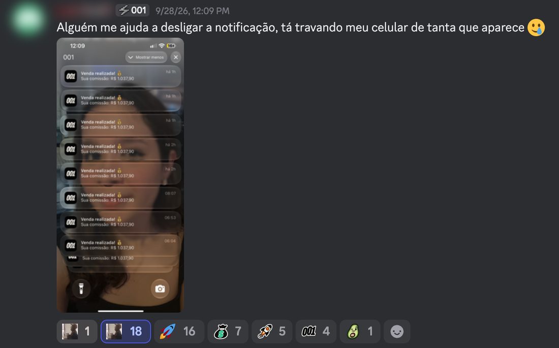 Mensagem real de membro no Discord da 001